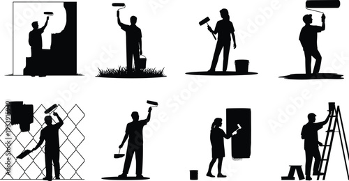 Professional house painter silhouettes collection, workers painting interior and exterior walls with roller and ladder, black vector illustration isolated on white background