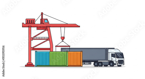 Industrial crane loading shipping containers onto a truck at a port.