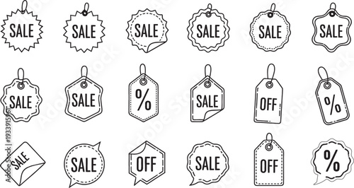 A collection of hand-drawn outline sale and discount tags in various shapes.