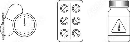 Pill Timer Blister Pack and Warning Bottle Icons Isolated on White Background