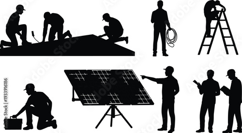 Solar panel installation worker silhouettes set, technicians mounting photovoltaic modules and wiring rooftop system, renewable energy black vector illustration isolated on white background