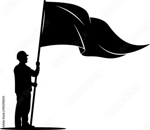 Man holding flag in the air, silhouette of person waving banner, protest scene, illustration of freedom fighter