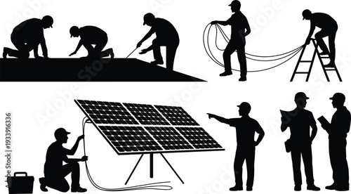 Solar panel installation workers silhouettes set, technicians wiring photovoltaic system on rooftop, renewable energy black vector illustration isolated on white background