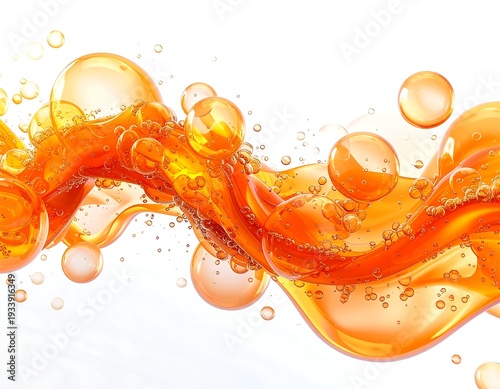 Abstract glossy orange bubbles & flowing fluid, suspended in air against a bright white background
