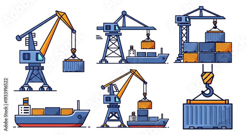 Industrial Cranes Loading Cargo Ships at a Port.