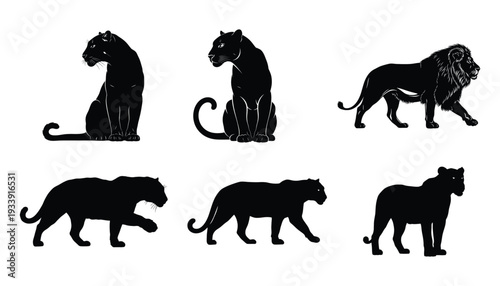 Set of black animal silhouettes including lion and panther