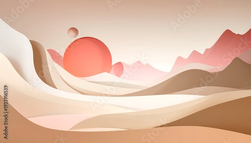 Abstract landscape with paper-like hills, a large red sun, and soft pastel colors creating a serene atmosphere