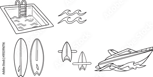 Summer Water Sports Icons: Swimming Pool Surfboards Waves and Motorboat Isolated on white background