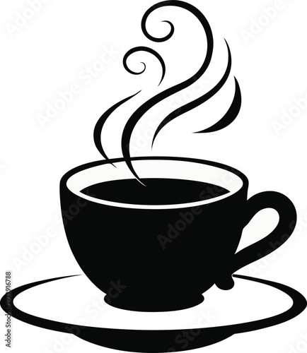 Stylized black and white coffee cup with steam on a saucer vector illustration