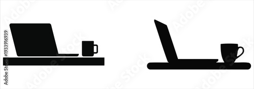 Freelancer workspace silhouette with laptop and coffee mug on simple desk representing remote work and productivity