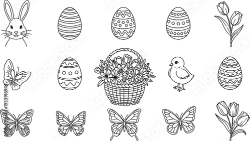 Black and white line art illustrations of Easter and spring elements including a bunny, decorated eggs, butterflies, a chick, a flower basket, and tulips.