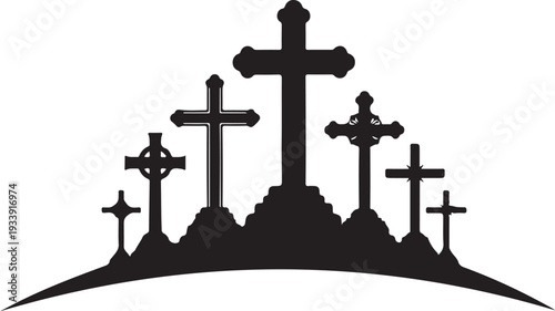 Silhouette of multiple crosses on a hilltop at sunset