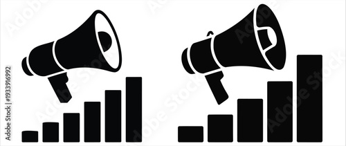 Megaphone with rising chart in bold silhouette representing marketing strategy, business growth,advertising, business analytics, strategic marketing concept and promotional planning