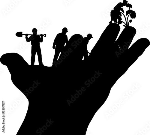 Silhouettes of people working on a giant hand with a tree and people playing instruments on fingers