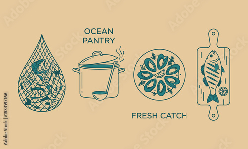 An assortment of line art icons showcasing the journey from ocean fishing to seafood preparation