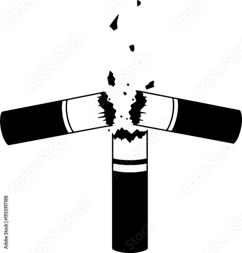 Crushed cigarette with shattered filter and flying debris on white background