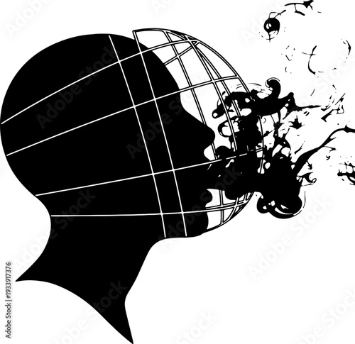 A human head in profile with a globe and splashing liquid emerging from the mouth, an illustration of global issues from a person's viewpoint