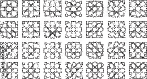 A grid of 25 intricate geometric patterns, showcasing various symmetrical designs and tessellations.