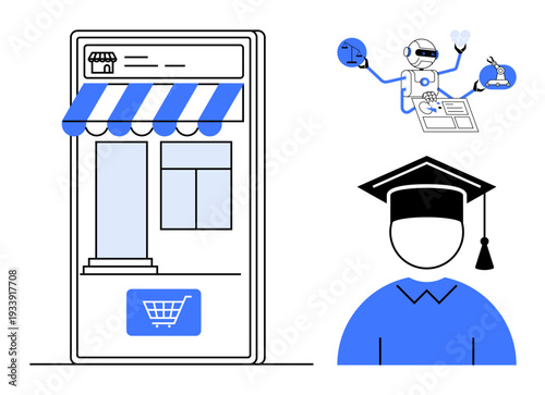 Education advancement, online learning, artificial intelligence, e-commerce apps, digital tools, virtual assistance. Mobile shopping app, graduation cap and AI. Online learning and AI technology