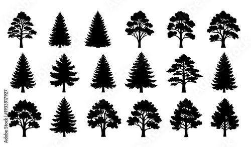 Forest tree silhouette collection flat botanical vector elements isolated on white background