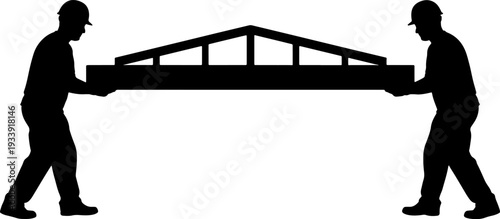 Two workers carrying a large truss structure together, walking in unison, viewed from the side in a simple illustration