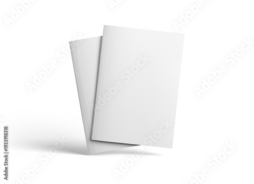 Two floating magazines cover isolated on transparent background. Cut out blank brochures mockup 3D rendering