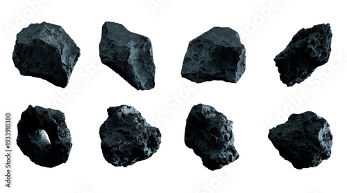 Set of asteroid isolated on transparent background. Cut out Meteorite 3D rendering