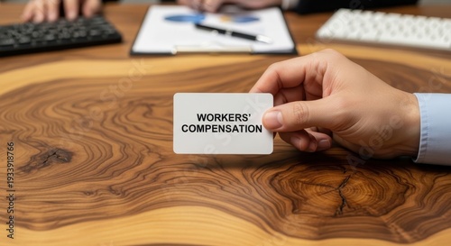 Hand holding Workers Compensation card over desk with report and pen