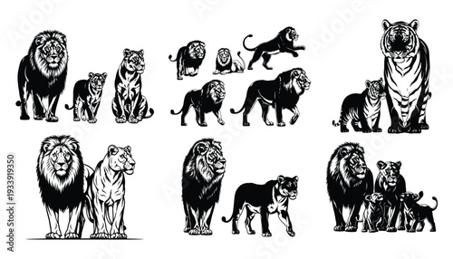 Set of lion and tiger silhouettes, including families
