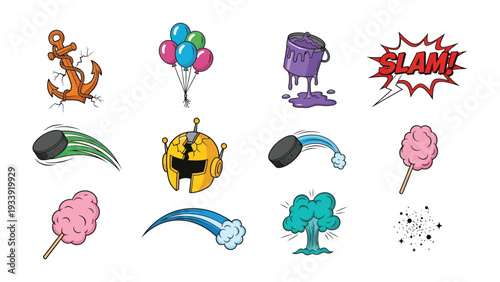 Colorful Illustration Collection: A vibrant assortment of illustrations, featuring an anchor, balloons, paint bucket, speech bubble, hockey puck, helmet, cotton candy, and dynamic motion lines.