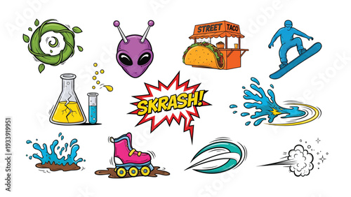 Pop Art Elements Collection: A collection of vibrant pop art elements, featuring an alien, taco stand, snowboarder, and other diverse graphics. These elements, bursting with energy and creativity.