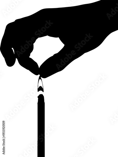 A hand grasping a fishing rod line with a hook in silhouette against a plain background from a close-up viewpoint