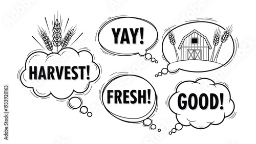 Farm-Fresh Festivities: Animated speech bubbles exclaim the joy and abundance of the harvest, depicting the themes of a bountiful farm, fresh produce, and the simple goodness of rural life.