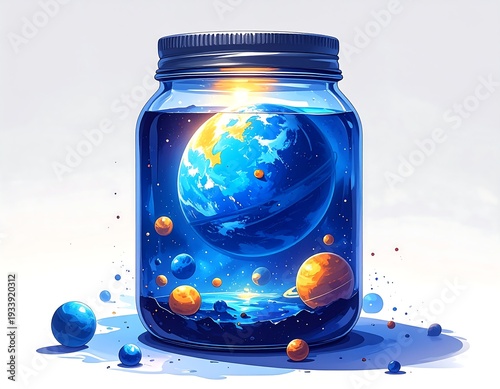 An otherworldly blue planet and celestial orbs are contained in a glass jar, evoking whimsy and mystery
