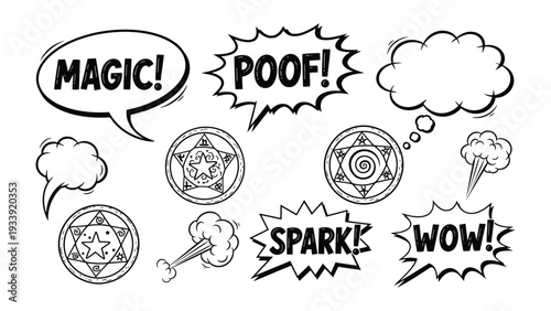 Comic Elements and Spell Emblems: A collection of comic speech bubbles and mystical emblem, illustrating words, graphic design.