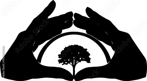 Hands cradling an open book with a tree silhouette inside, symbolizing knowledge and nature