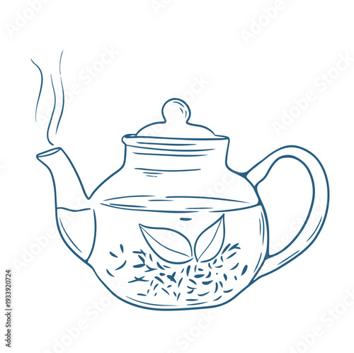 Teapot with herbal tea leaves, steaming tea kettle line art illustration, minimal hand drawn teapot outline vector
