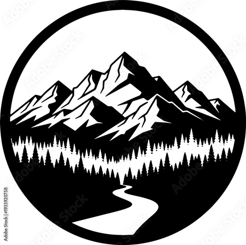 Serene mountain landscape with forest and winding path illustration