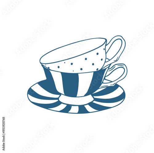 Vintage striped teacup line art vector illustration, retro blue tea cup and saucer hand drawn