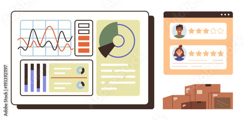 Data visualization, analytics, customer reviews, shipping logistics, performance monitoring, business intelligence. Dashboard graphs and ratings beside delivery boxes. Data visualization