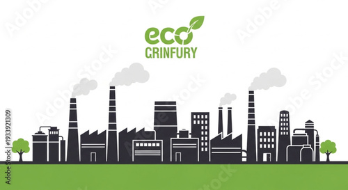 Industrial factory skyline with smoke stacks and green eco logo.