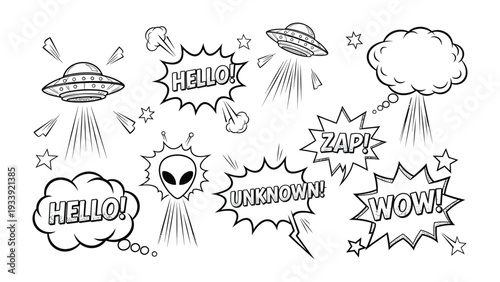 Comic-Style Space Encounter: A dynamic comic illustration presents a vibrant scene of extraterrestrial contact, complete with flying saucers, expressive speech bubbles, and a mysterious alien figure.