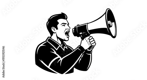 Man Speaking Through Megaphone Loudly Outdoors.