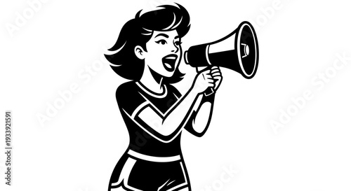 Woman Shouting Through Megaphone Loudspeaker.
