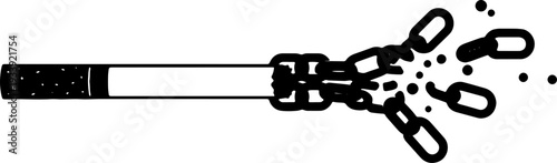 A broken chain bursting apart with metal pieces flying everywhere, illustration of freedom from restraint