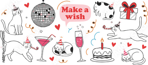 Birthday cats party illustration, festive hats, disco ball, colorful confetti, champagne flute, martini glass, cake candle, wrapped gift, make a wish