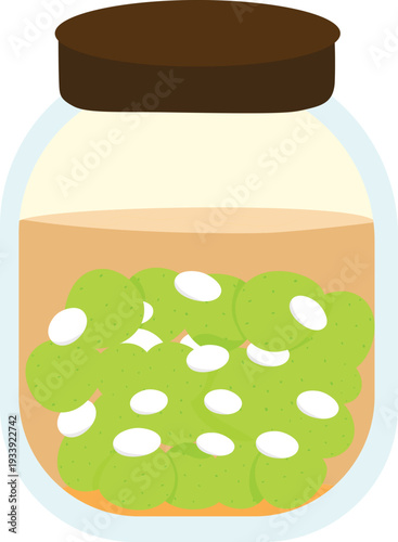 A jar filled with pickled plums. The plums are bright green, with white spots. The jar is sealed with a brown lid.
