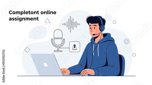 Man working on laptop with headset, online assignment completion, audio recording