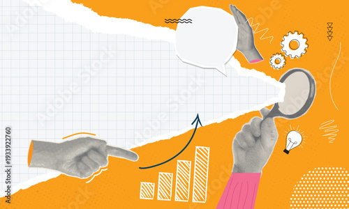 Trendy pop art halftone collage search business concept. Cut out hand with magnifying glass.