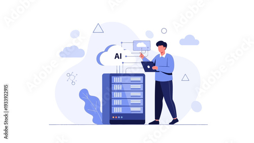 Man working with AI cloud computing and server hardware, modern technology concept